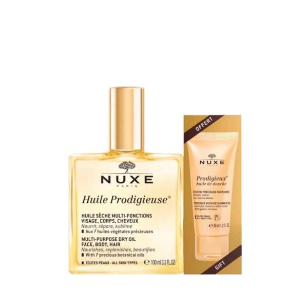 nuxe huile prodigieuse 100ml bottle, prodigieux floral shower oil 30ml bottle, nuxe oil set for skin and hair Nuxe Huile Prodigieuse 100ml + Prodigieux Floral Shower Oil 30ml Set Nuxe Huile Prodigieuse Set | 100ml + 30ml nuxe, dry-oil, shower-oil, skincare, haircare, body-care, luxury-beauty, nutrient-rich, floral-fragrance, ai-generated