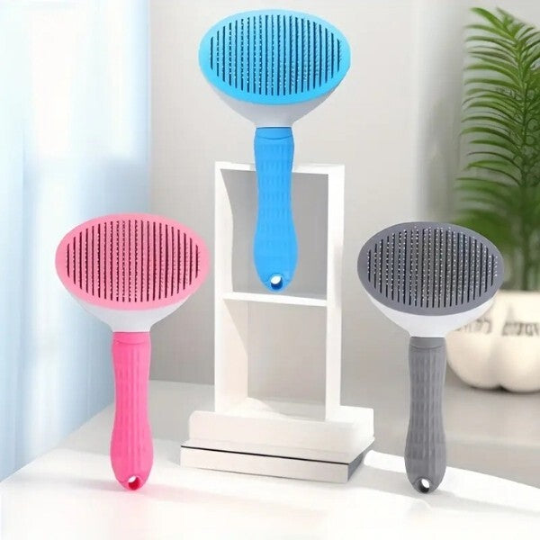 Pet Pretty Cat and Dog Grooming Brush with Rubber Handle and Easy-Clean Button