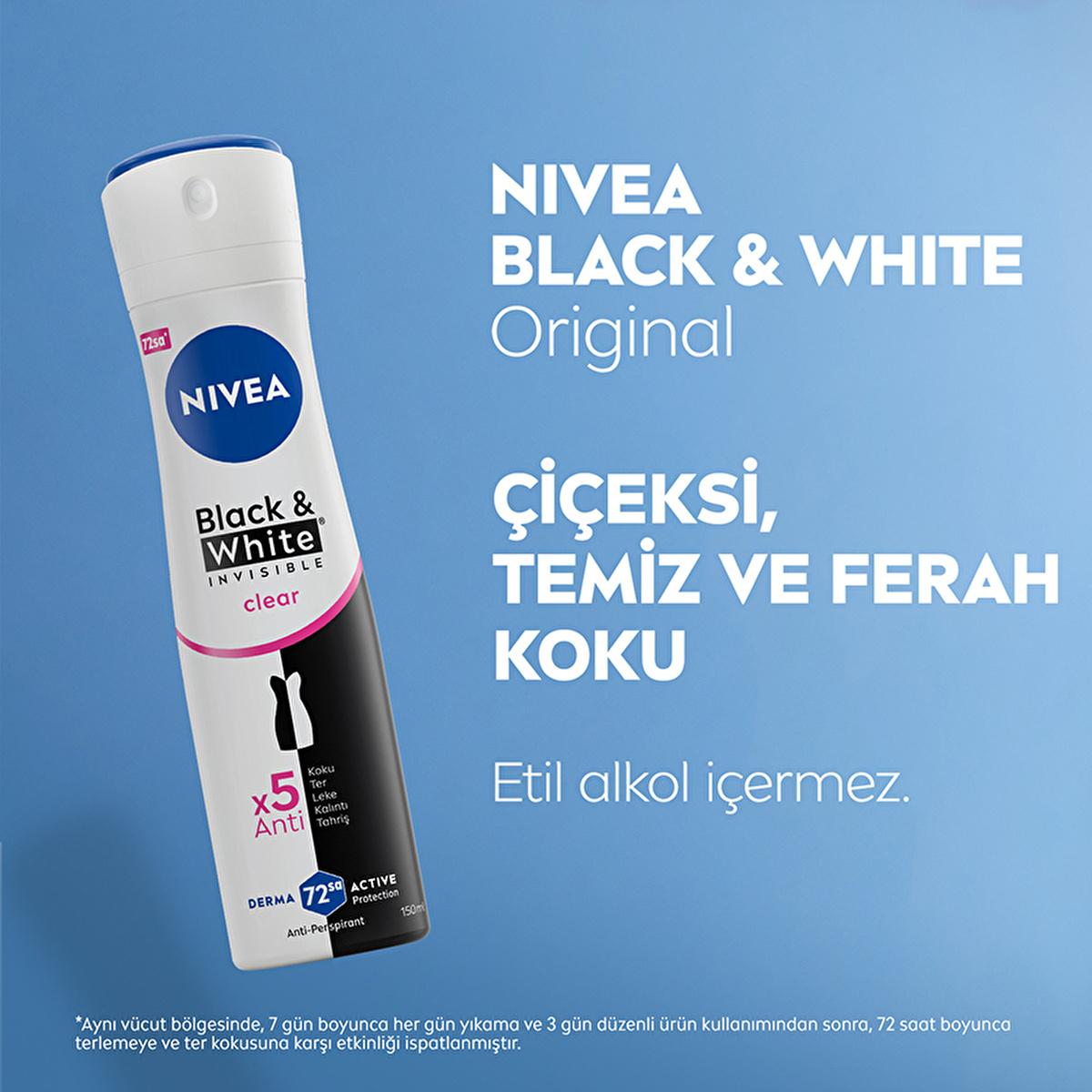 Nivea Women's Deodorant Spray Black & White Clear - 72 Hour Anti-Perspirant Protection, Dermatologically Tested, No White Marks or Yellow Stains Nivea Black & White Clear Deodorant - 72hr Protection women's deodorant spray,Nivea Black & White Clear,anti-perspirant deodorant,72-hour protection,dermatologically tested deodorant,women's personal care,freshness,confidence,active lifestyle,sensitive skin,ethanol-free,deodorant for women,long-lasting protection,anti-sweat,deodorant spray,personal hygiene,cosmetic