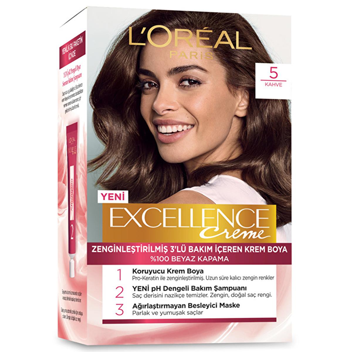 loreal paris excellence creme hair dye 5 coffee, before and after using loreal excellence hair dye, application of loreal hair dye Loreal Paris Excellence Creme Saç Boyası - 5 Kahve | 1 Kit Loreal Excellence Creme Hair Dye - 5 Coffee loreal, hair-dye, excellence-creme, 5-coffee, gray-coverage, women-hair-care, professional-quality, long-lasting-color, nourishing-hair-mask, ai-generated