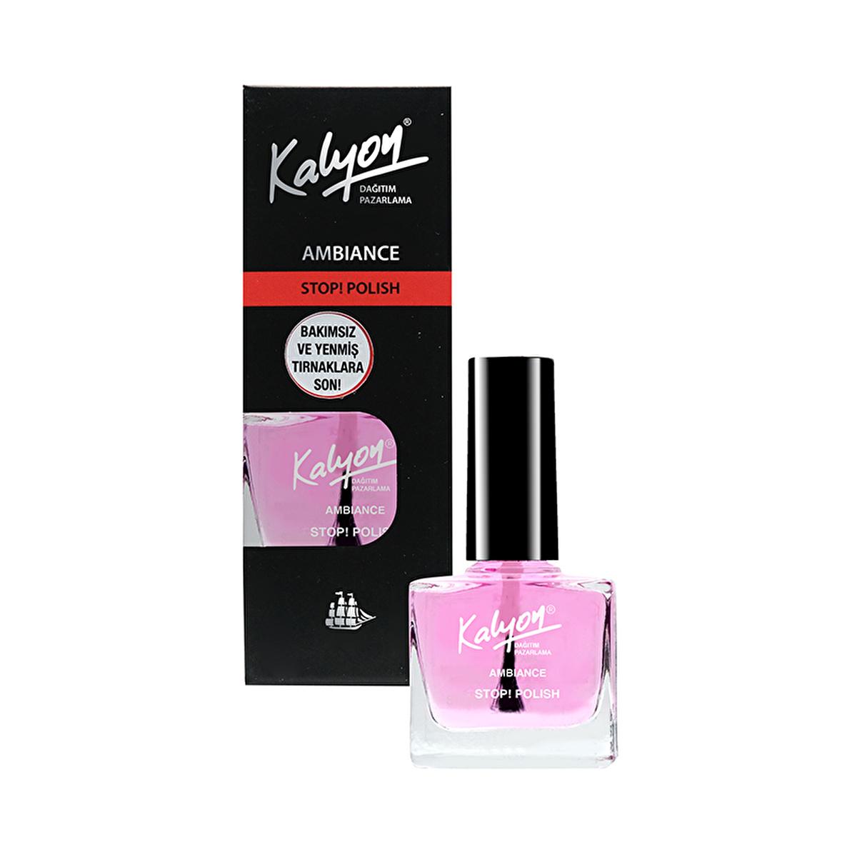 kalyon stop polish cila bottle, kalyon stop polish applied on nails, kalyon nail care product Kalyon Stop! Polish - Special Formula for Natural Nail Health | 0.5 fl oz Kalyon Stop! Polish - Natural Nail Care Solution nail-care, beauty, kalyon, nail-polish, natural-nail-care, health-and-beauty, nail-enamel, strong-nails, manicure, ai-generated