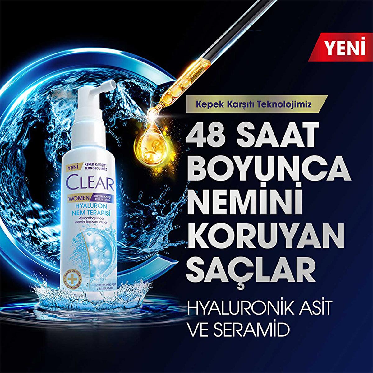 Clear Women Hyaluron Nem Terapisi Serum - 48 Hour Hydrating Anti-Dandruff Hair Serum for Dry Scalp Clear Women Hyaluron Nem Terapisi Serum - Hydrating Anti-Dandruff Hair Serum Hyaluronic hair serum, anti-dandruff hair care, moisturizing hair serum, dry scalp treatment, hair hydration, hyaluronic acid, ceramide, moisture-lock technology, leave-in treatment, hair care, scalp care, dandruff relief, dry scalp relief, hair nourishment