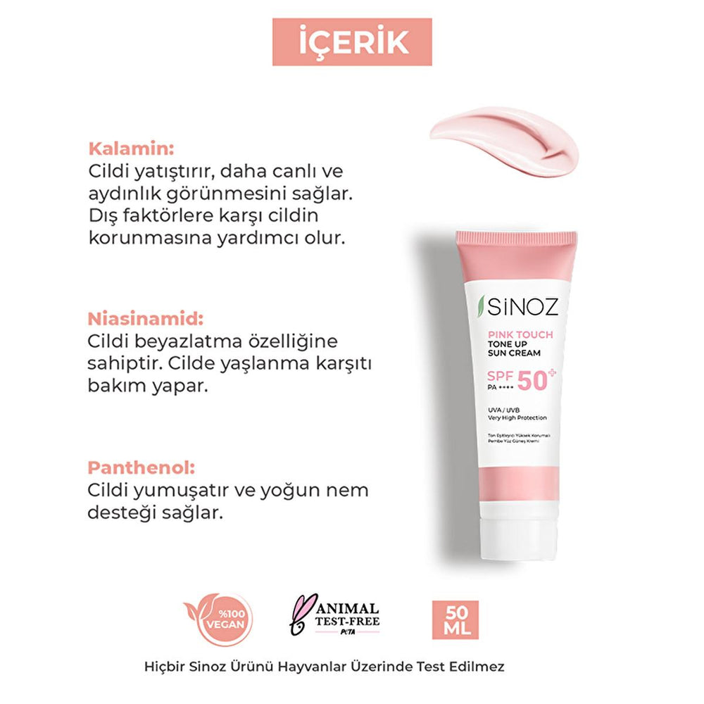 Sinoz SPF50+ Pink Touch Facial Sunscreen: Tone Up & Protect with High Protection, Calamine & PA++++ for Radiant Skin (1.69 fl oz) Sinoz SPF50+ Pink Sunscreen: Tone Up & High Protection SPF 50 sunscreen, pink tone up sunscreen, sunscreen for face, high protection sunscreen, sunscreen with calamine, tone correcting sunscreen, brightening sunscreen, Sinoz sunscreen, sunscreen for all skin types, facial sunscreen, sun protection, UVA/UVB protection, radiant skin, even skin tone, calamine, panthenol, shea butter