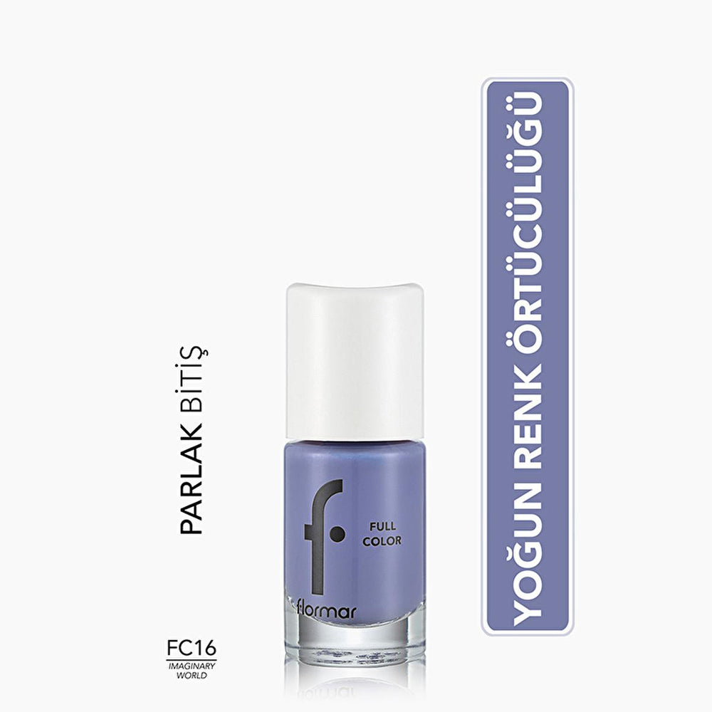 Flormar Full Color FC16 Imaginary World Nail Polish: Extra Pigmented, Long Lasting, High Shine, Vibrant Purple Nail Color Flormar Nail Polish: High Pigment, Long Lasting Color nail polish, full color nail polish, high pigment nail polish, long lasting nail polish, shiny nail polish, Flormar nail polish, purple nail polish, nail color FC16, durable nail polish, quick dry nail polish, nail color, nail lacquer, cosmetic, beauty, personal care, manicure, pedicure, vibrant color, chip resistant, long-wearing, gl