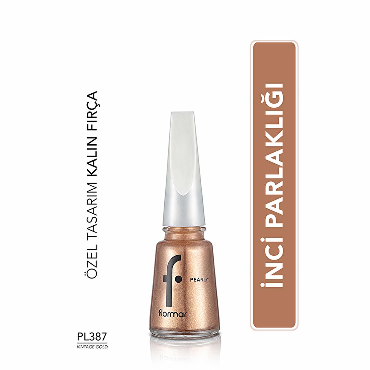 Flormar Pearly Yoğun Pigmentli ve Sedef Yansımalı Oje PL387 Vintage Gold - Long-Lasting Nail Polish with Pearl Effect Flormar Long-Lasting Pearl Nail Polish - Vintage Gold nail polish, pearl effect nail polish, long-lasting nail polish, Flormar nail polish, Vintage Gold nail color, cosmetic, beauty, nail care, luxury nail polish, durable nail polish
