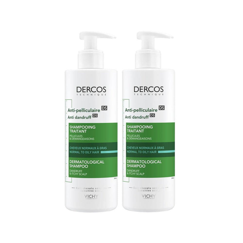 Vichy Dercos Anti-Dandruff Shampoo for Normal to Oily Hair - 2 x 390ml - Dermatologically Tested - Shampoo
