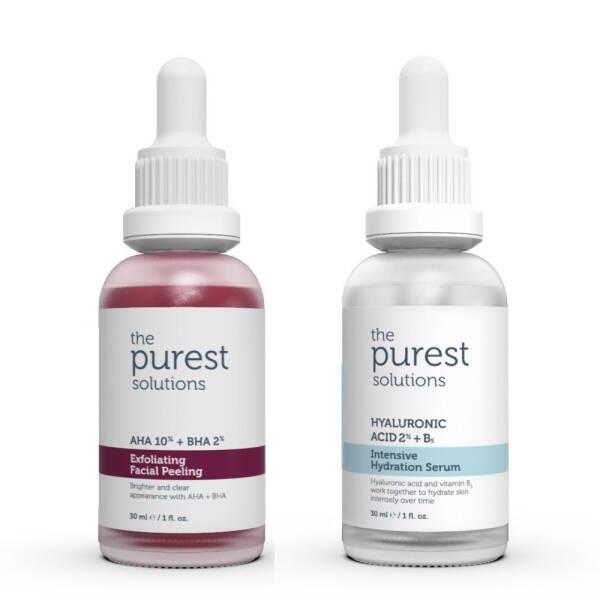 The Purest Solutions Skincare Set for Dry Skin - AHA BHA Exfoliating Serum & Hyaluronic Acid Hydrating Serum - Face Serum