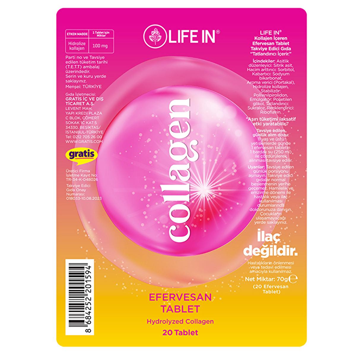 Life In Kolajen Effervescent Tablets Dietary Supplement for Skin and Joint Health - 20 Tablets - Vitamin &amp; Supplement