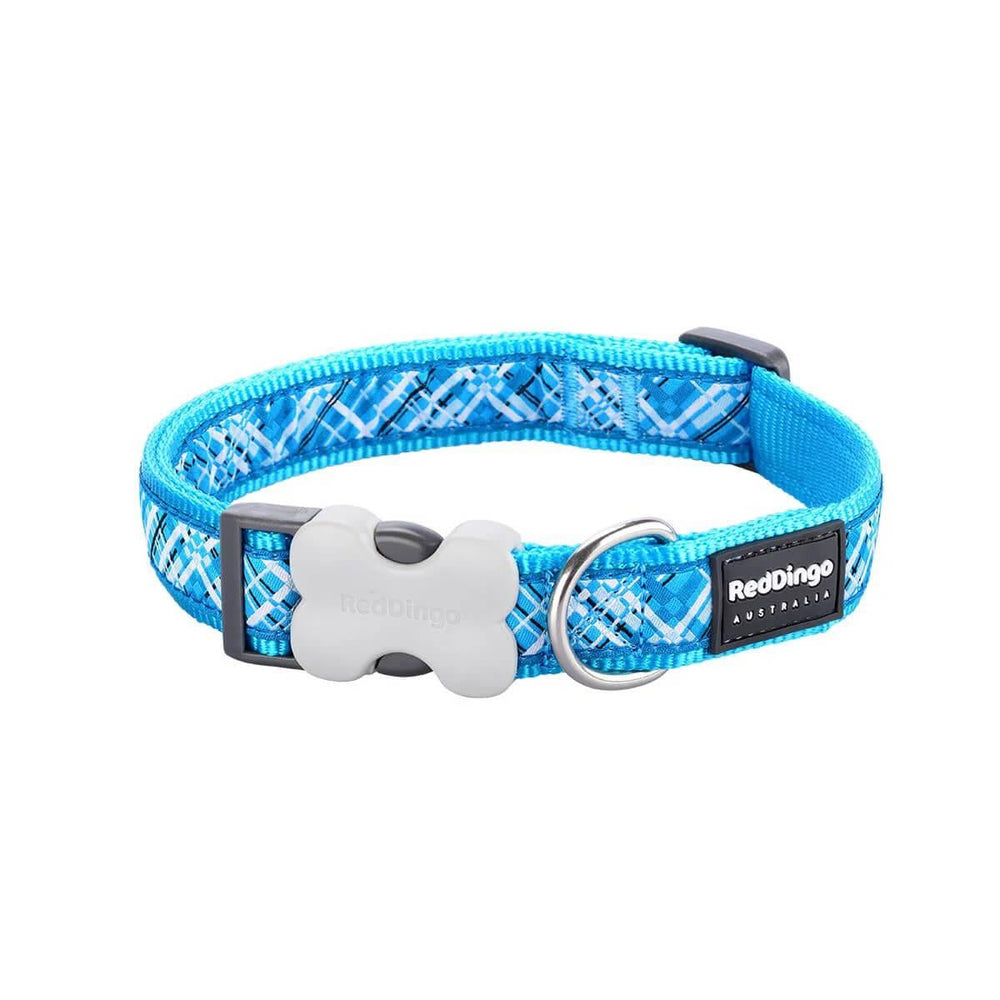 Red Dingo Flanno Plaid Dog Collar 15mm Turquoise - Small 24-36cm