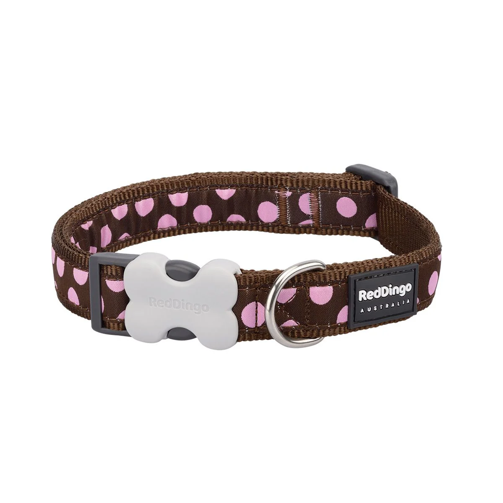 Red Dingo Pink Spotty Dog Collar 12mm XS Brown - Adjustable 20-32cm