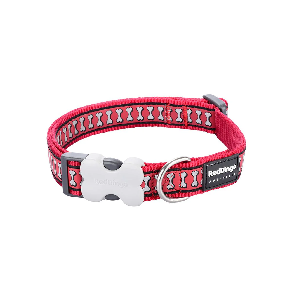 Red Dingo Reflective Bone Pattern Dog Collar 12mm, XS Red