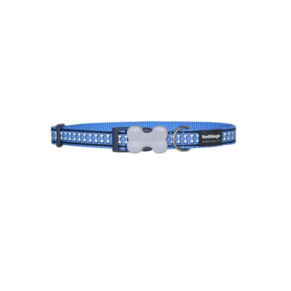 Red Dingo Reflective Bone Pattern Dog Collar 12mm Mid Blue X-Small