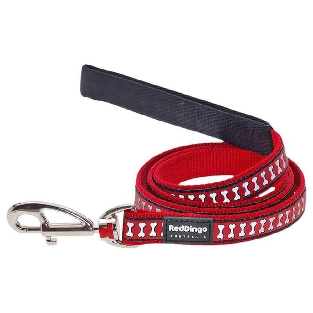 Red Dingo Reflective Bone Print Dog Leash 12mm XS Red