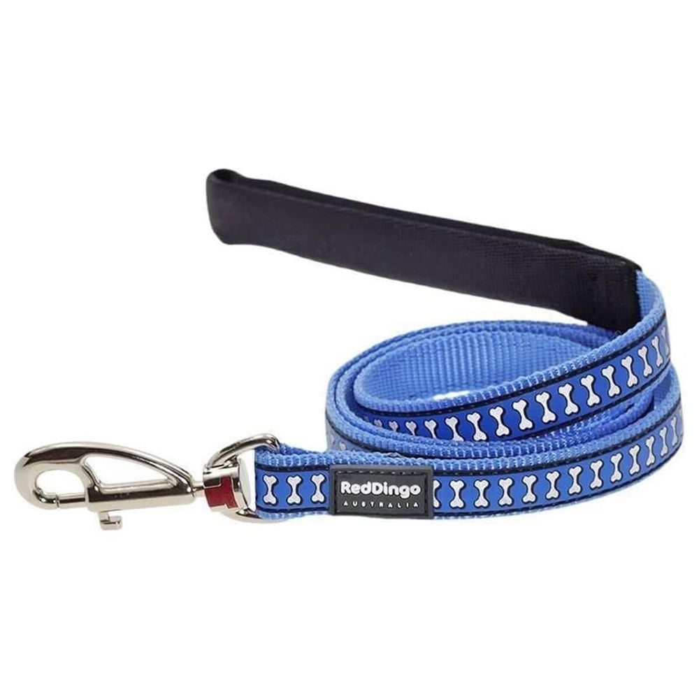 Red Dingo Reflective Bone Pattern Dog Leash 12mm Mid Blue XS