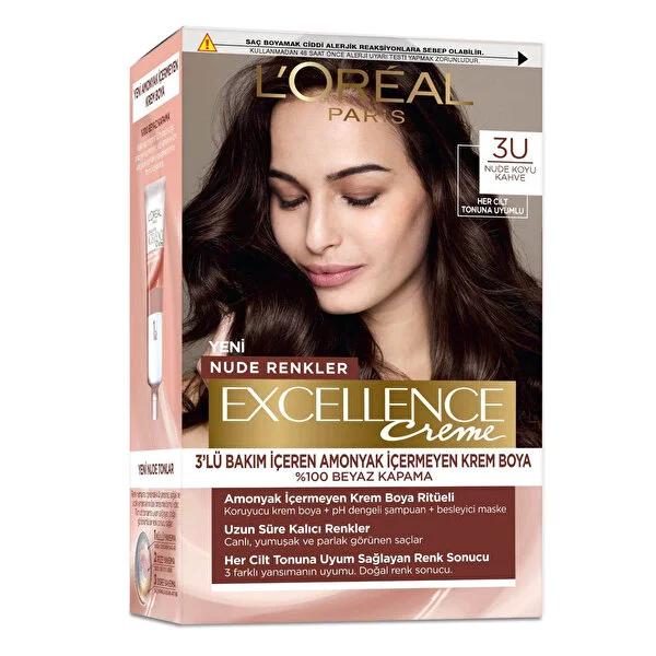 L'Oréal Paris Excellence Nude Hair Dye - Ammonia-Free, Long-Lasting Color for All Skin Tones - Dark Brown 3U L'Oréal Paris Ammonia-Free Hair Dye - Dark Brown 3U Ammonia-free hair dye, Long-lasting hair color, Pro-Keratin hair dye, Nourishing hair color products, Gentle hair coloring, Hair care, Cosmetics, Beauty products, Dark Brown hair dye, 3U shade, L'Oréal Paris Excellence Nude