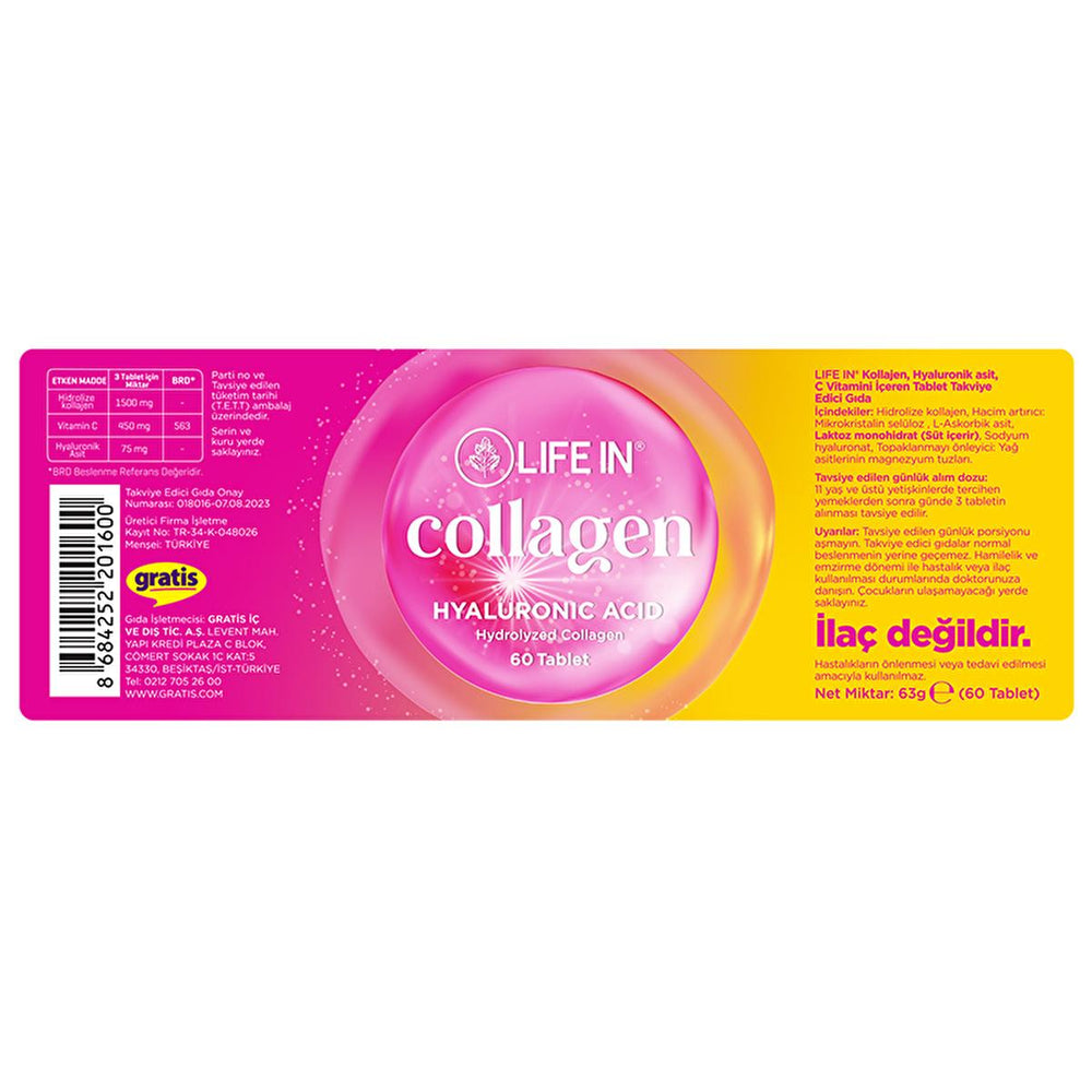 Life In Kolajen Collagen Supplement with Hyaluronic Acid & Vitamin C - 60 Tablets for Skin Health - Vitamin & Supplement