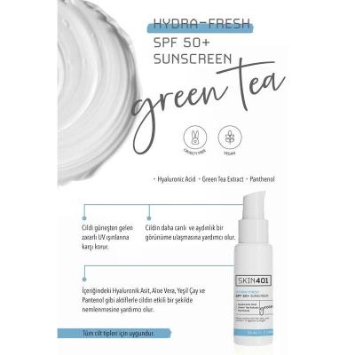 Skin401 SPF50+ Hydra-Fresh Sunscreen: Vegan, Cruelty-Free Sun Protection with Green Tea, Aloe & Hyaluronic Acid for All Skin Types - 50ml Skin401 SPF50+ Vegan Sunscreen - Hydrating & Cruelty-Free SPF50+ Sunscreen, Hydrating Sunscreen, Vegan Sunscreen, Green Tea Sunscreen, Sun protection for all skin types, Cruelty-free sunscreen, Moisturizing sunscreen, Facial Sunscreen, Aloe Vera Sunscreen, Hyaluronic Acid Sunscreen, Sunscreen, SPF 50+, Hydra-Fresh, Green Tea Extract, Aloe Vera, Hyaluronic Acid, Panthenol,