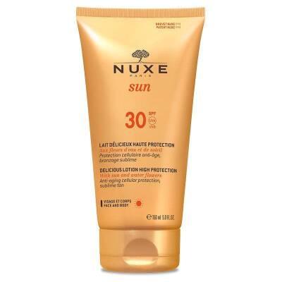 nuxe sun lait delicieux spf30 150ml sunscreen, nuxe sun milk bottle with tropical theme, application of nuxe sun lait delicieux on skin Nuxe Sun Lait Delicieux Protection SPF30 - 150ml Nuxe Sun SPF30 - Delicious Body Milk Sunscreen nuxe, sunscreen, spf30, sun-protection, moisturizer, skincare, paraben-free, water-resistant, organic-oils, ai-generated