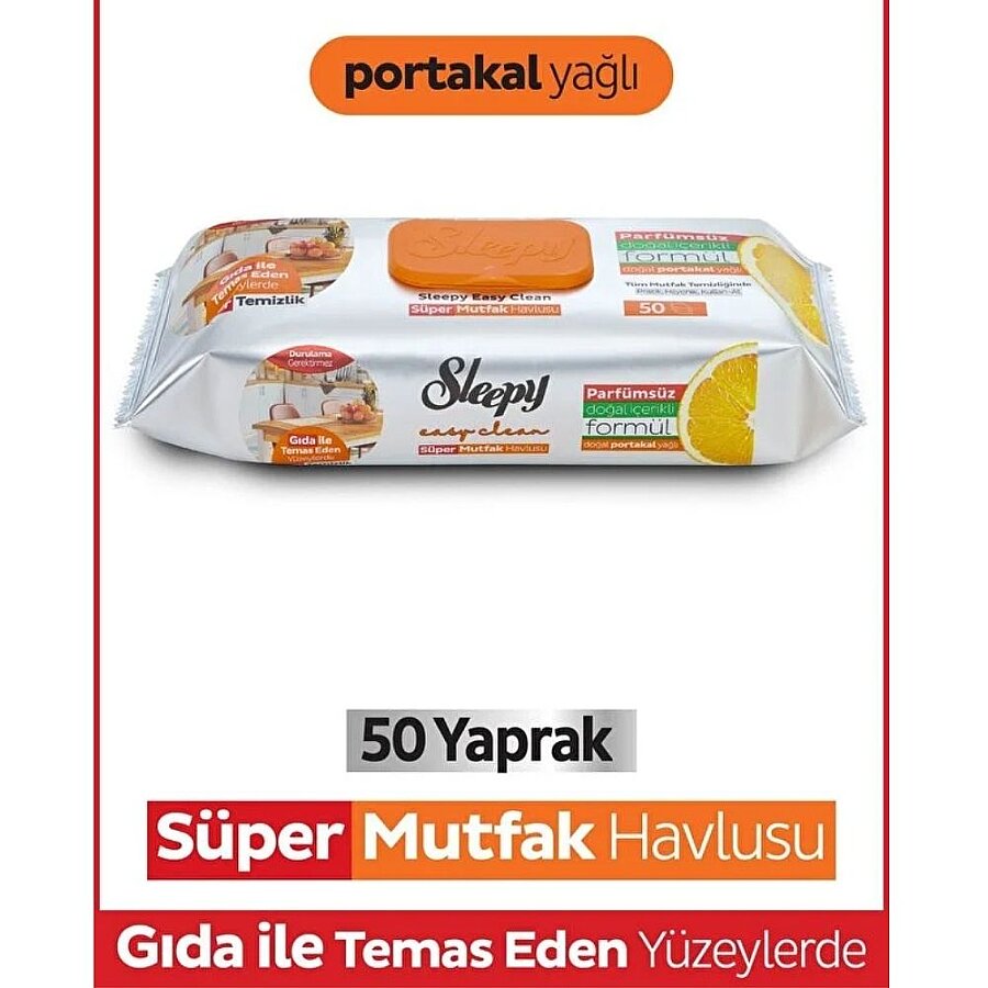 Sleepy Easy Clean Super Surface Kitchen Towel Wipes Orange Oil 50 Sheets