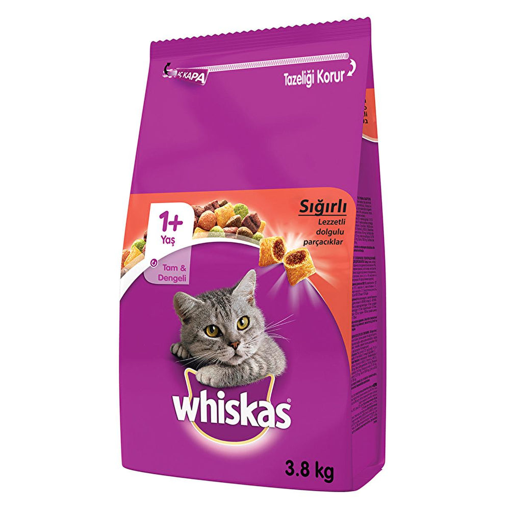 Whiskas Beef Flavor Cat Dry Food for Adult Cats - 3.8 kg, Nutritionally Balanced, Dental Care, Healthy Coat - Toothpaste