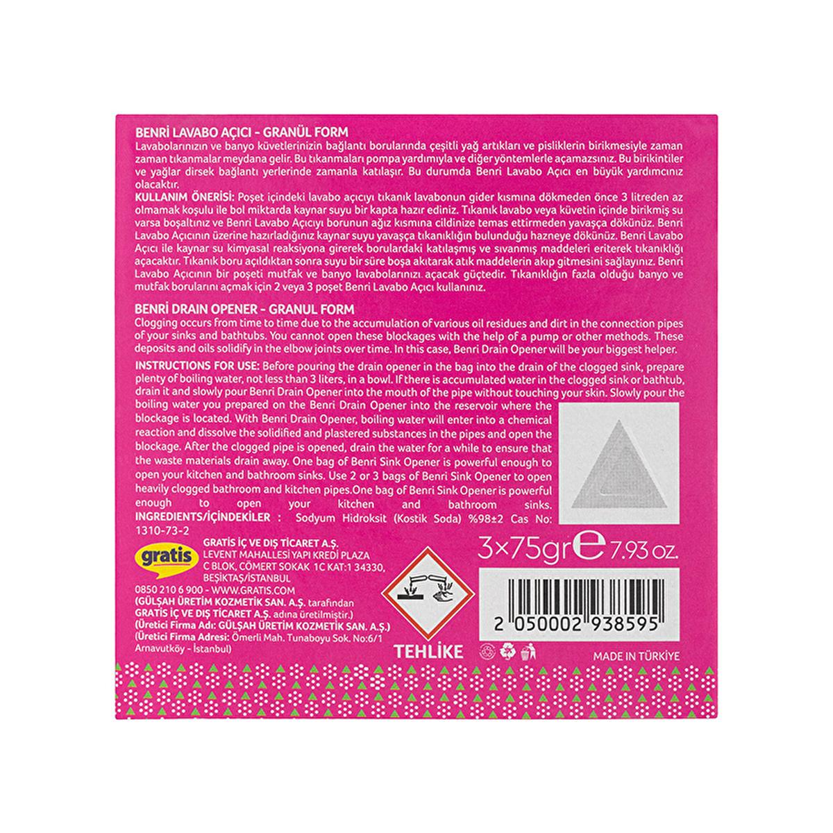 Benri Drain Cleaner - Granular Formula for Clogged Sinks - 3 x 75g Benri Drain Cleaner - Effective Clog Remover drain cleaner, clog remover, sink unclogger, granular drain cleaner, Benri Granül Lavabo Açıcı, DIY drain cleaning, sink drain solution, clogged drain fix, home drain cleaning, plumbing solutions