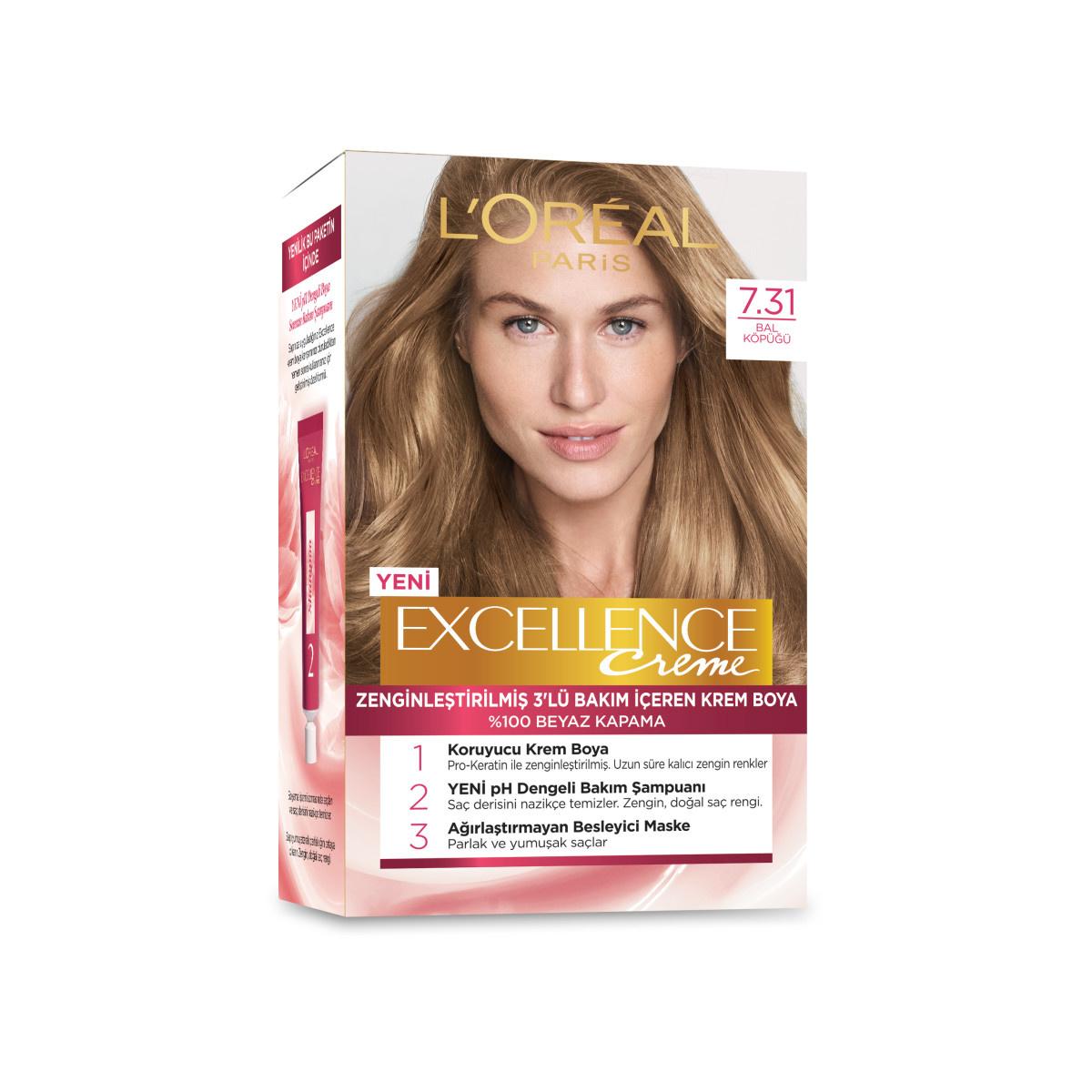 Loreal Paris Excellence Creme Hair Color - 7.31 Bal Köpüğü, Long-Lasting &amp; Nourishing Hair Dye for Complete Grey Coverage Loreal Paris Excellence Creme Hair Color - Long-Lasting Grey Coverage Loreal Paris Excellence Creme Hair Color, Bal Köpüğü hair dye, long-lasting hair color, grey hair coverage, nourishing hair dye, hair care, hair color, Excellence Creme, Loreal Paris hair products, hair dye for grey coverage, Pro-Keratin hair dye, ceramide-infused mask, pH balanced shampoo, vibrant hair color, healthy 