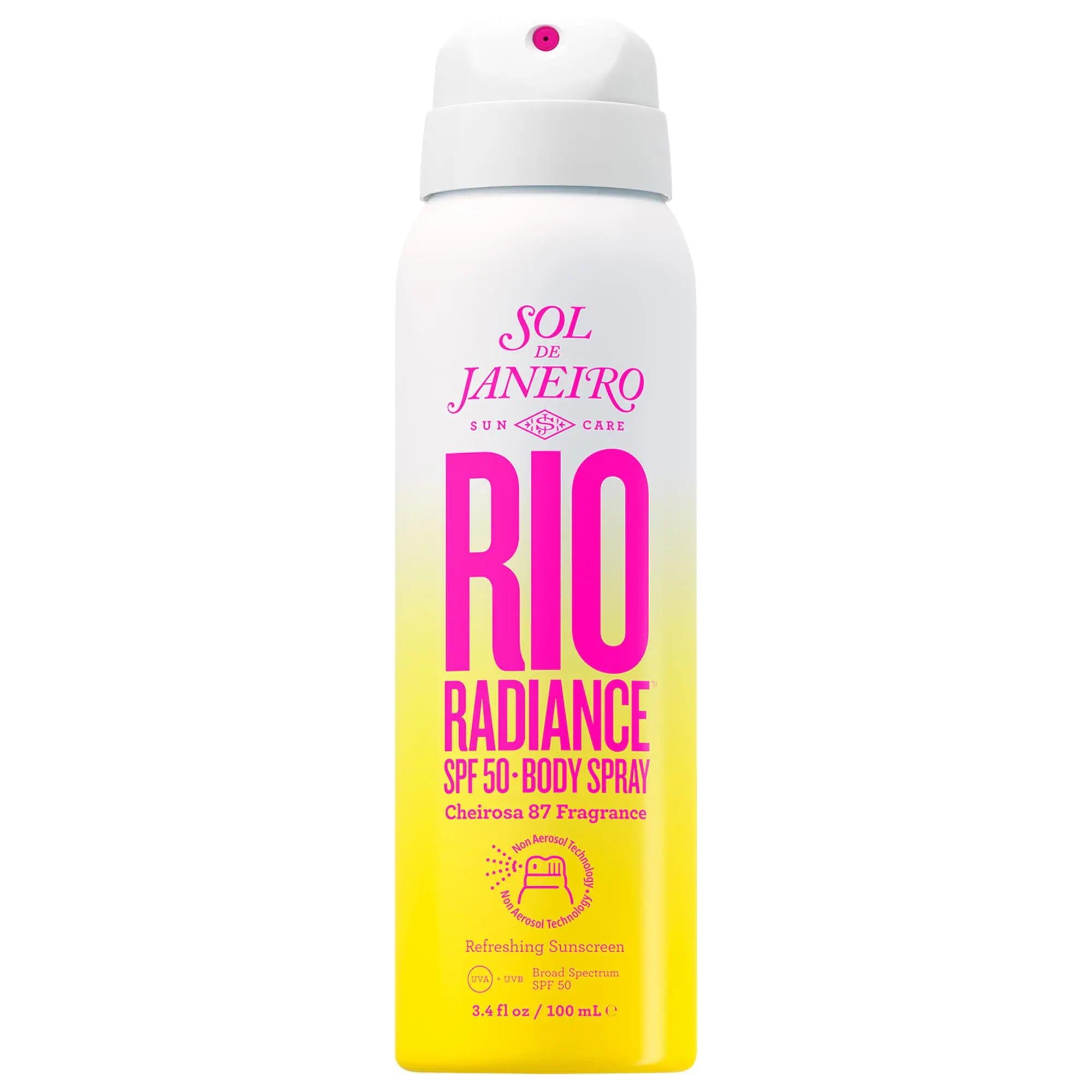 Sol de Janeiro Mini Rio Radiance SPF 50 Body Spray Sunscreen: Hydrating, Broad Spectrum Protection with Niacinamide &amp; Coconut Water Sol de Janeiro SPF 50 Body Spray Sunscreen - Hydrating Protection body spray sunscreen, SPF 50 sunscreen, broad spectrum sunscreen, sunscreen with niacinamide, hydrating sunscreen, water resistant sunscreen, sunscreen for body, beach sunscreen, sunscreen with coconut water, sunscreen with antioxidants, sun protection, skin hydration, radiant skin, beachy scent, Cheirosa &#39;87 sce