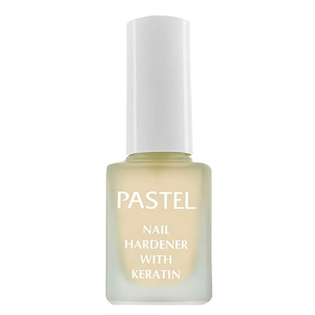 pastel keratin nail strengthener bottle, application of pastel keratin nail strengthener on nails, pastel keratin nail strengthener applied over nail polish Pastel Keratin Nail Strengthener - Nourishes Weak Nails | 0.5 fl. oz. Pastel Keratin Nail Strengthener - For Weak Nails nail-care, weak-nails, keratin-treatment, top-coat, base-coat, manicure-product, nail-strengthener, pastel, ai-generated, nail-enamel