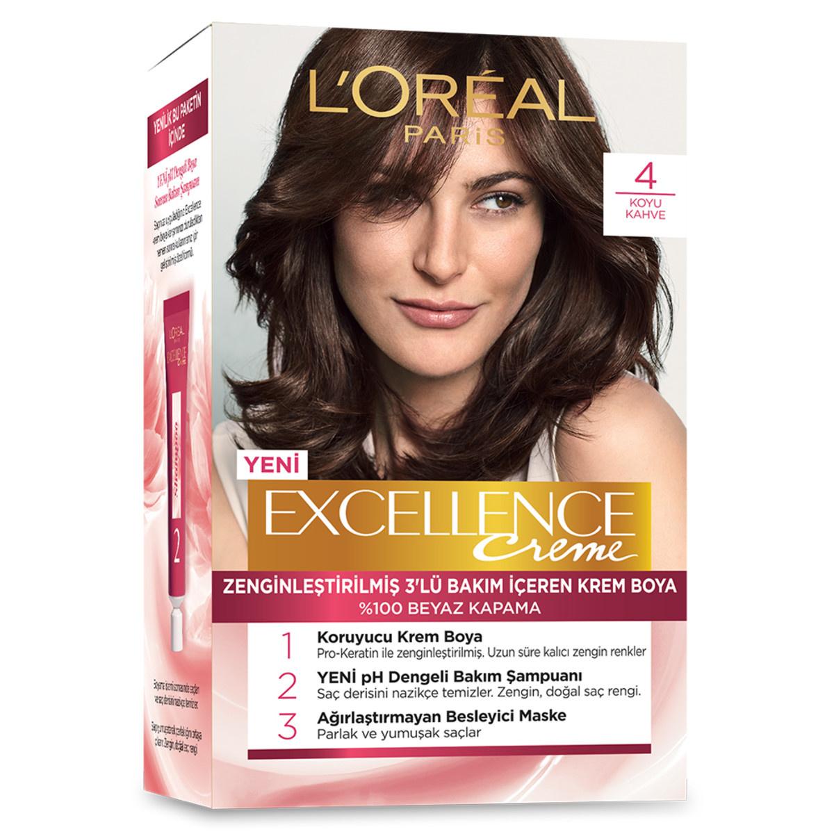 Loreal Paris Excellence Creme Hair Dye - 4 Koyu Kahve, 100% Grey Coverage, Nourishing Hair Color Loreal Paris Excellence Creme Hair Dye - 100% Grey Coverage Loreal Paris Excellence Creme Hair Dye, Hair coloring for grey coverage, Nourishing hair dye, Long-lasting hair color, pH balanced hair care, Hair care products, Grey hair coverage, Vibrant hair color, Hair nourishment, Hair protection