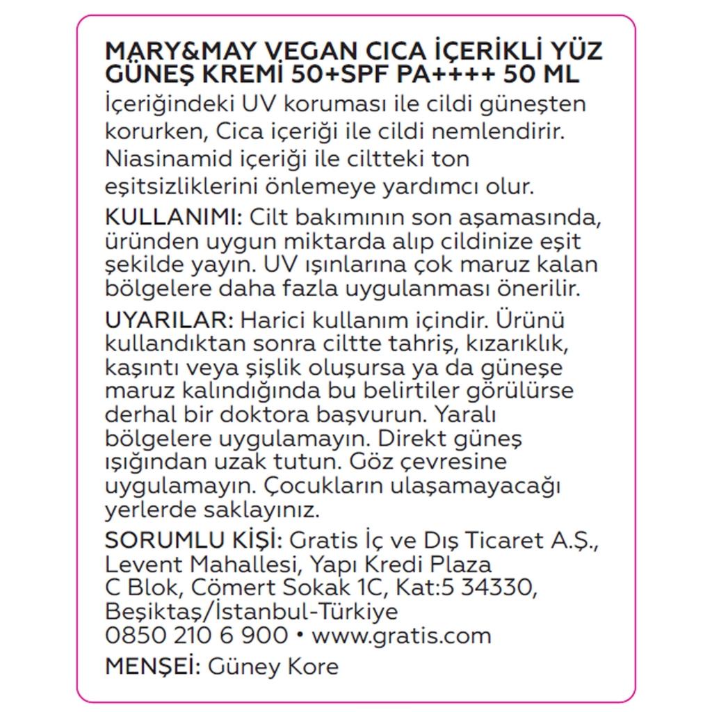 Mary &amp; May Vegan Cica Sun Cream SPF 50+ PA++++ 50ml