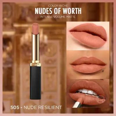 loreal paris color riche matte ruj 505 le nude resilient tube, swatch of loreal paris color riche 505 le nude ruj on lips Loreal Paris Color Riche Intense Volume Matte Ruj - 505 Le Nude Resilient Loreal Paris Color Riche Matte Ruj 505 Le Nude | Volume Boost loreal-paris, color-riche, matte-ruj, 505-le-nude, lipstick, makeup, beauty, volume-boost, long-lasting, ai-generated