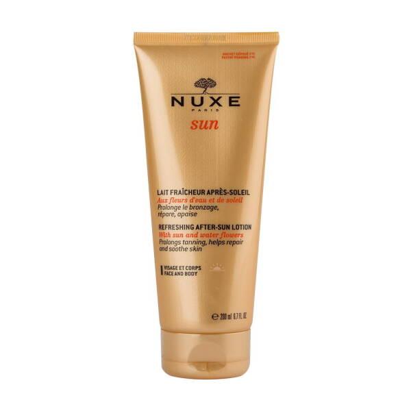 nuxe sun after sun lotion 200ml bottle, textured application of nuxe after sun lotion, nuxe after sun lotion for face and body Nuxe Sun After Sun Lotion - Hydrating Care | 200ml Nuxe Sun After Sun Lotion - Hydrating Care | 200ml nuxe, after-sun-lotion, moisturizer, hydrating-lotion, sensitive-skin, non-comedogenic, paraben-free, tan-extender, skincare, ai-generated