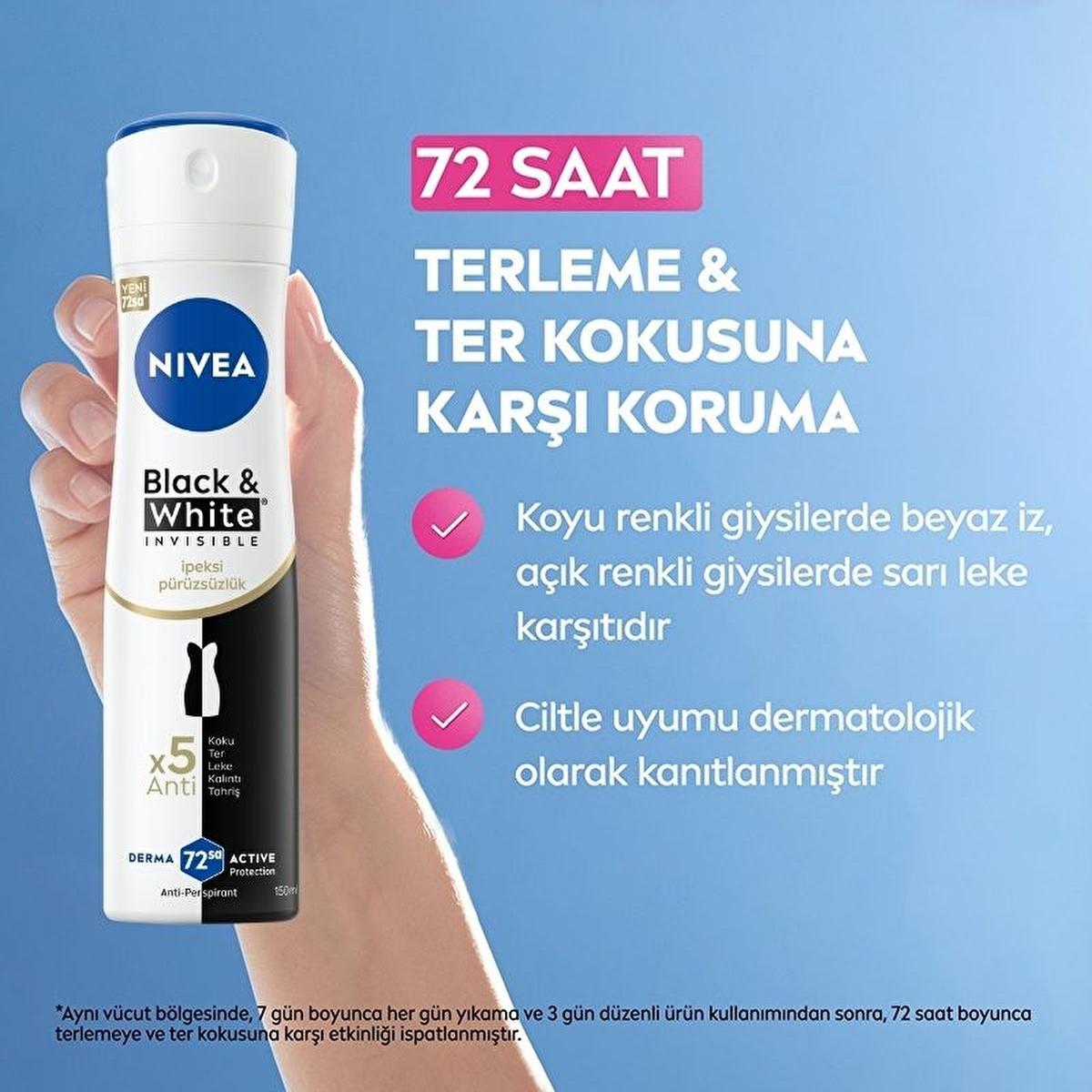 Nivea Black & White Invisible Deodorant, Feminine deodorant for silky smooth underarms Nivea Black & White Invisible Deodorant - Silky Smoothness for Women | 5.07 fl. oz. Nivea Black & White Invisible Deodorant - 72 Hour Protection nivea, deodorant, black-white, women-care, anti-perspirant, silky-smooth, odor-protection, stain-free, personal-care, ai-generated