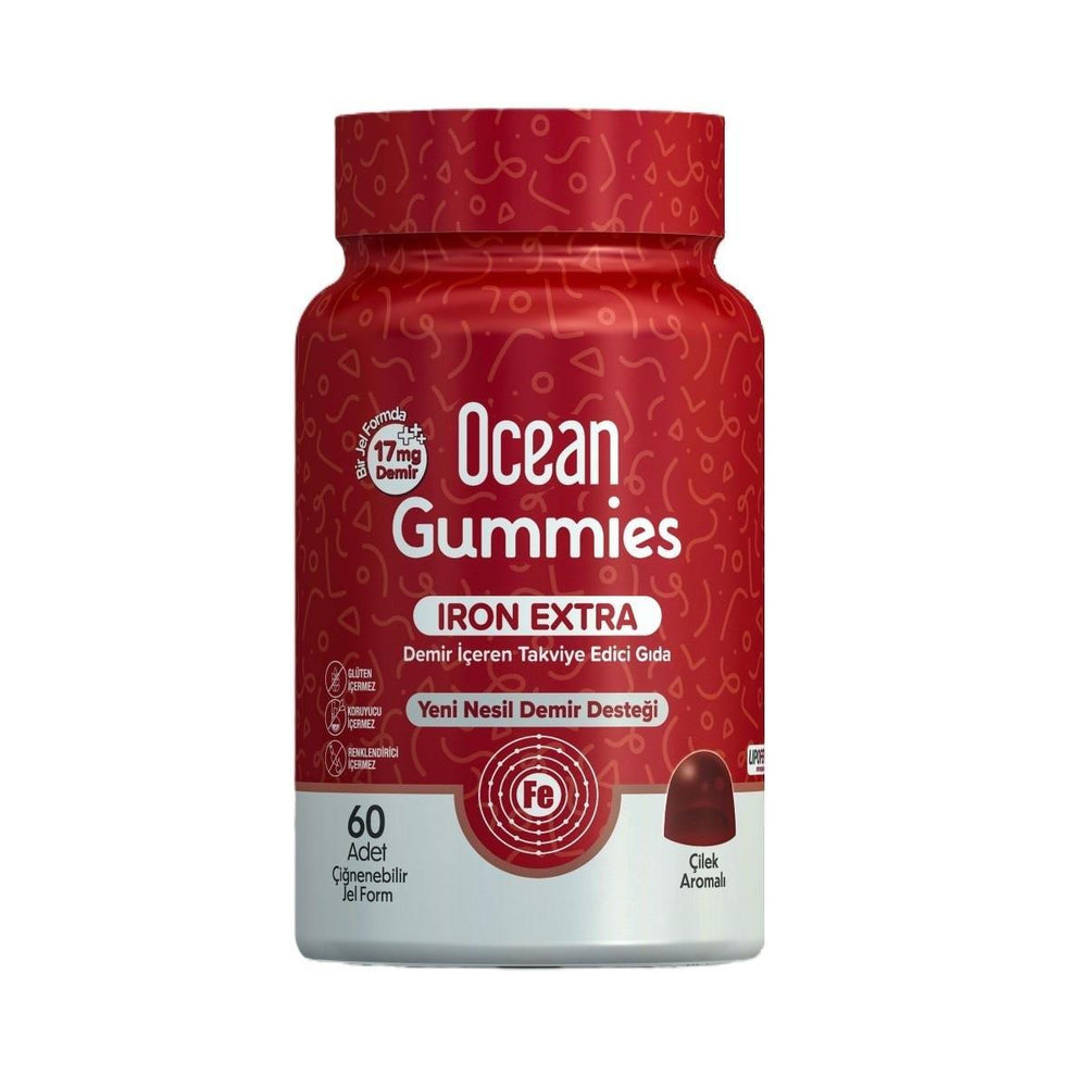 Ocean Gummies Iron Extra 60 Chewable Iron Supplement - Strawberry Flavor, 17mg Iron per Jelly Ocean Gummies Iron Extra - 60 Chewable Jellies Iron supplement, chewable iron, liposomal iron, dietary iron supplement, strawberry flavored iron supplement, health supplements, dietary supplements, iron deficiency, iron insufficiency, health and wellness