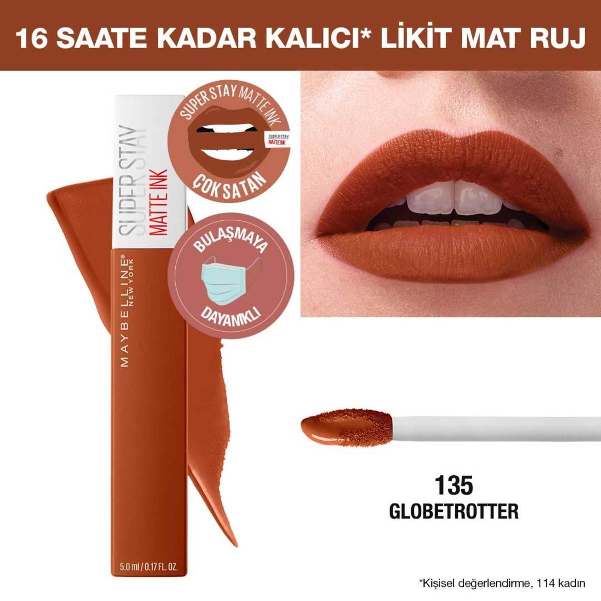 Maybelline Super Stay Matte Ink City Edition Likit Mat Ruj 135 Globe-Trotter - Long-Lasting Matte Lipstick for Women Maybelline Super Stay Matte Ink - Long-Lasting Matte Lipstick long-lasting lipstick, matte lipstick, smudge-proof lipstick, lip color, Maybelline Super Stay Matte Ink, cosmetics, makeup, beauty products, women's grooming, fashion accessories