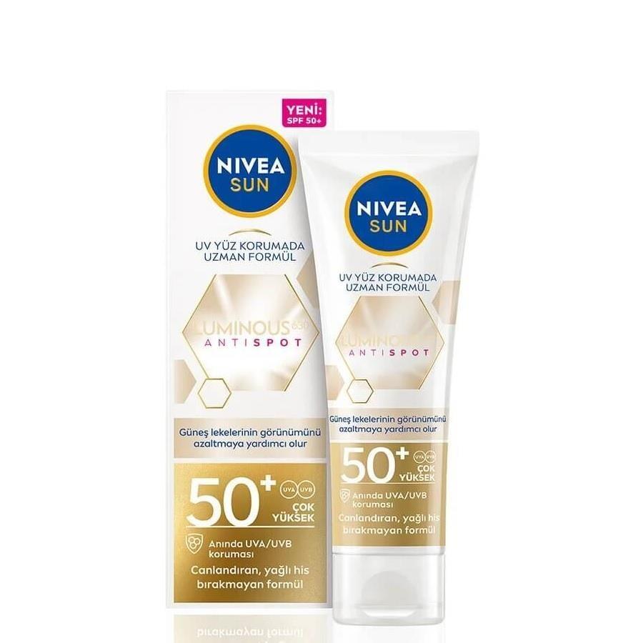 Nivea Sun Luminous630 Anti-Spot Sunscreen Face Cream SPF50+ - Non-Greasy, Reduces Sun Spots, 1.35 fl oz Nivea Sun Luminous630 SPF50+ Sunscreen Face Cream - Anti-Spot & Non-Greasy Nivea Sun, Luminous630, SPF 50+ sunscreen, anti-spot face cream, non-greasy sun protection, sunscreen for all skin types, face cream, sun care, skincare, sun protection, anti-aging, skin tone evening, radiant skin, daily sun care, dermatologically tested, cosmetic, beauty, personal care