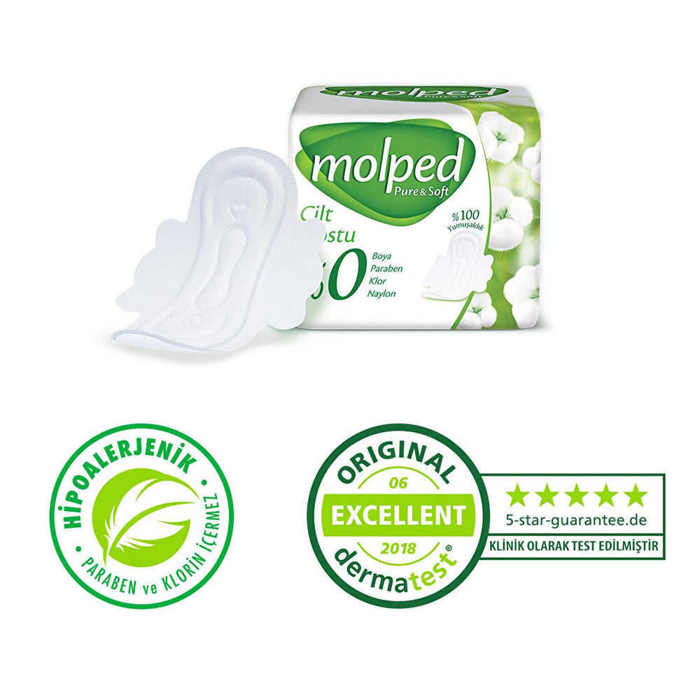 Molped Pure & Soft Organic Cotton Pads: Hypoallergenic, Chlorine & Paraben Free Sanitary Napkins for Sensitive Skin - 7 Count Molped Organic Cotton Pads: Sensitive Skin Protection organic cotton pads, hypoallergenic feminine pads, natural menstrual pads, sensitive skin sanitary pads, vegan period products, chlorine free pads, paraben free pads, soft menstrual pads, pure and soft pads, Molped Pure & Soft, feminine hygiene product, menstrual pads, sanitary napkins, organic pads, hypoallergenic pads, natural p