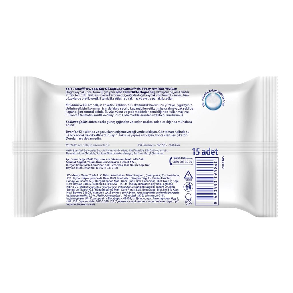 Solo Surface Cleaning Wipes Eucalyptus &amp; Pine 15-Count