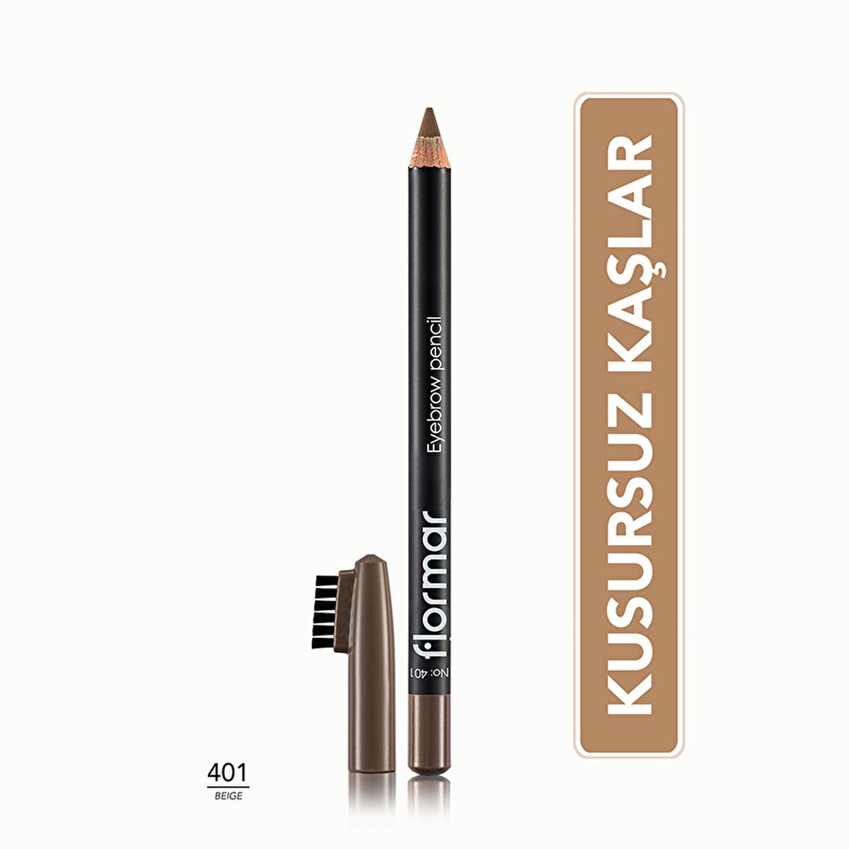 Flormar Eyebrow Pencil with Soft Tip and Built-in Brush - 401 Beige, Natural Eyebrow Makeup Flormar Eyebrow Pencil - Natural Eyebrow Makeup eyebrow pencil, Flormar, natural eyebrow makeup, long-lasting makeup, eyebrow brush, cosmetic, makeup, beauty, brow care, brow styling, 401 Beige