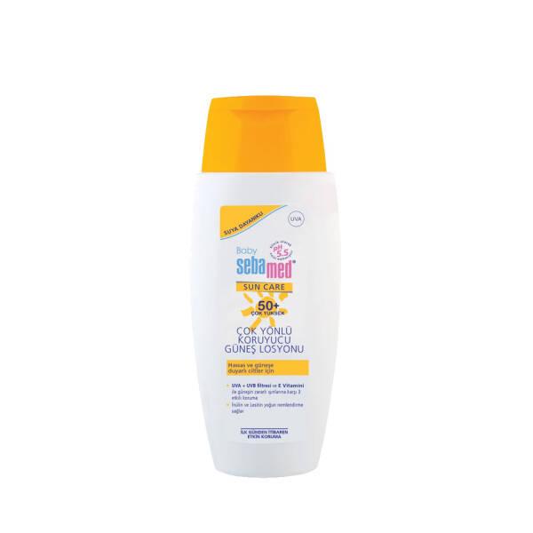 sebamed baby sun lotion spf 50+ 150ml packaging, close up of sebamed baby sun lotion, applying sun lotion on baby skin Sebamed Baby Sun Lotion SPF 50+ - Gentle Protection | 150ml Sebamed Baby Sun Lotion SPF 50+ | 150ml baby-sun-lotion, sebamed, spf-50, baby-skincare, sun-protection, anti-oxidant, moisturizing, uvascreen, frm-application, ai-generated