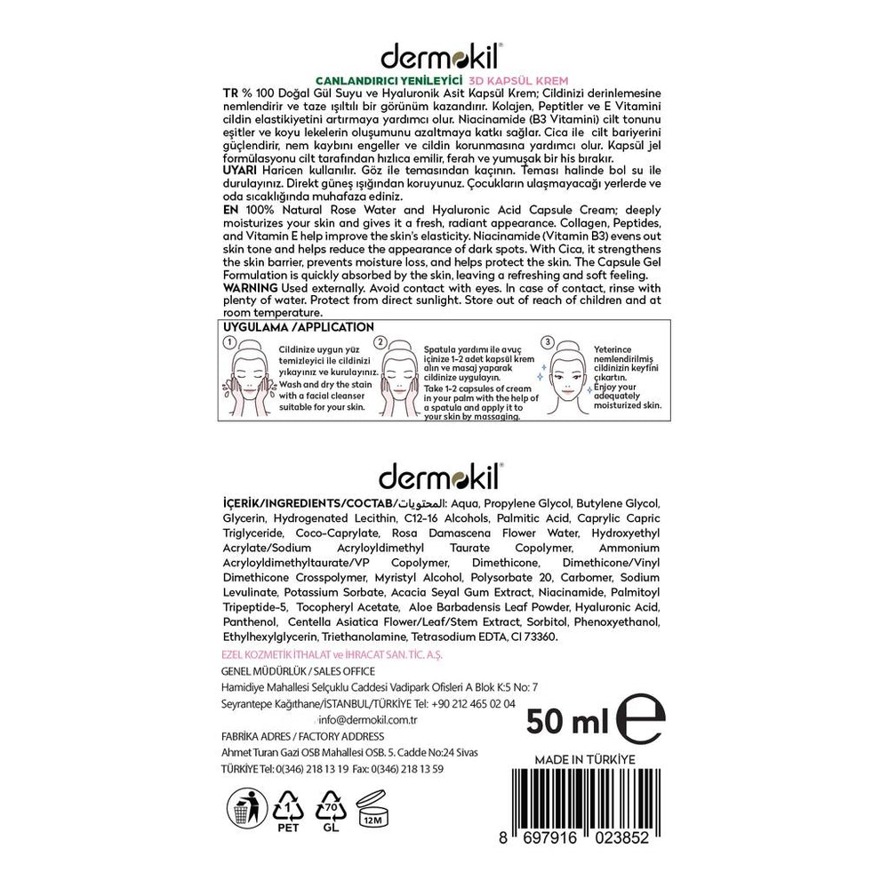 Dermokil 100% Natural Rose Water 3D Capsule Cream 50 ml