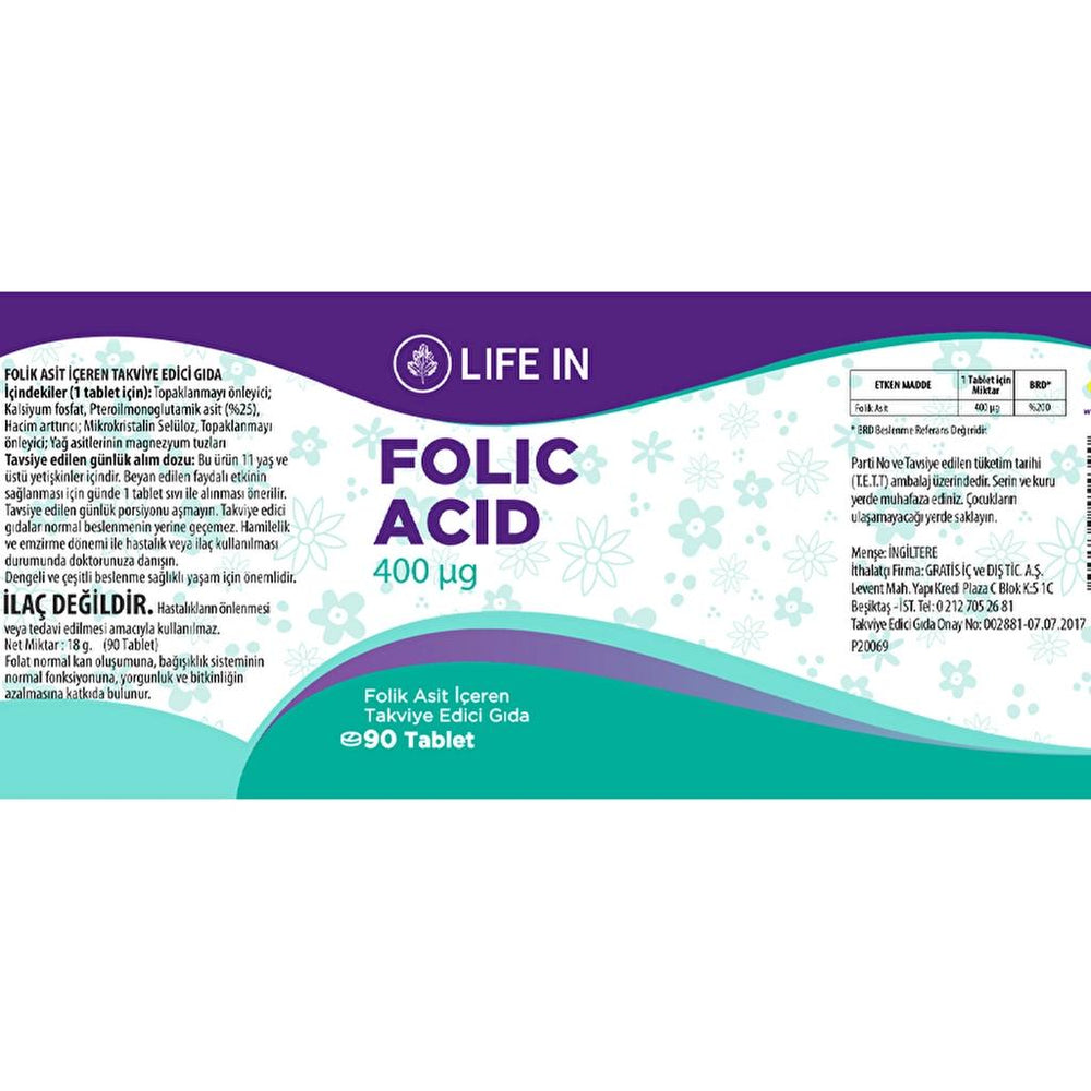 Life In Folic Acid 400 mcg Dietary Supplement 90 Tablets