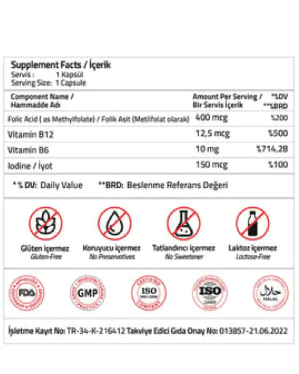 Validus Folat Qatrefolic 400 mcg with B12 & Iodine 60 Capsules