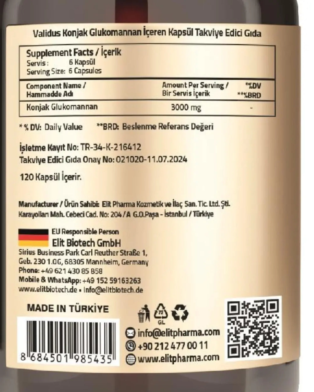 Validus Konjak Glucomannan 3000 mg Dietary Supplement 120 Capsules