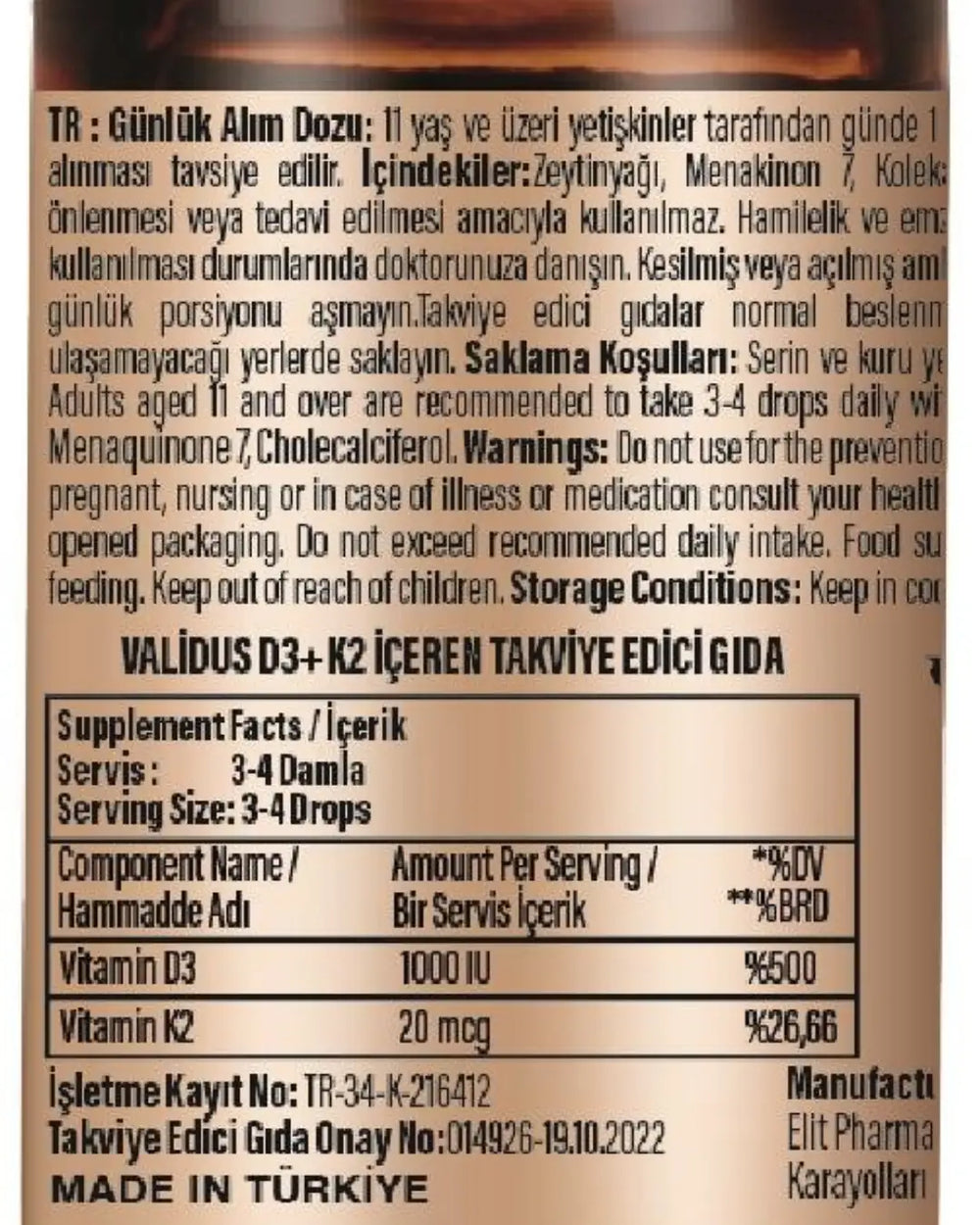 Validus Vitamin D3 + Vitamin K2 Drops for Bone Support 10 ml