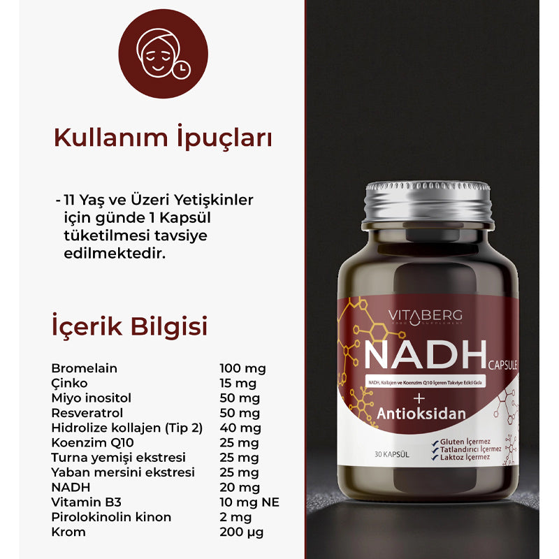 Vitaberg NADH Antioxidant+ Support with CoQ10 & Resveratrol, 30 Capsules