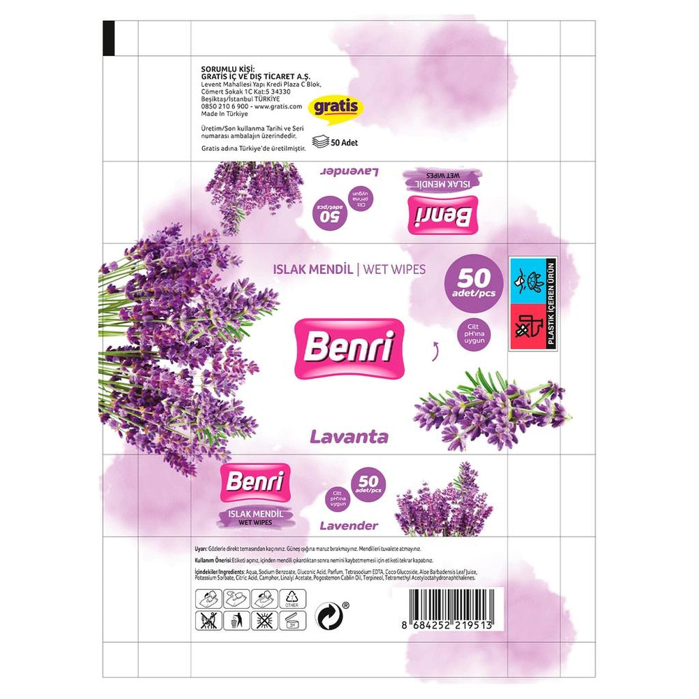 Benri Lavender Scented Wet Wipes for Gentle Cleansing 50 Count