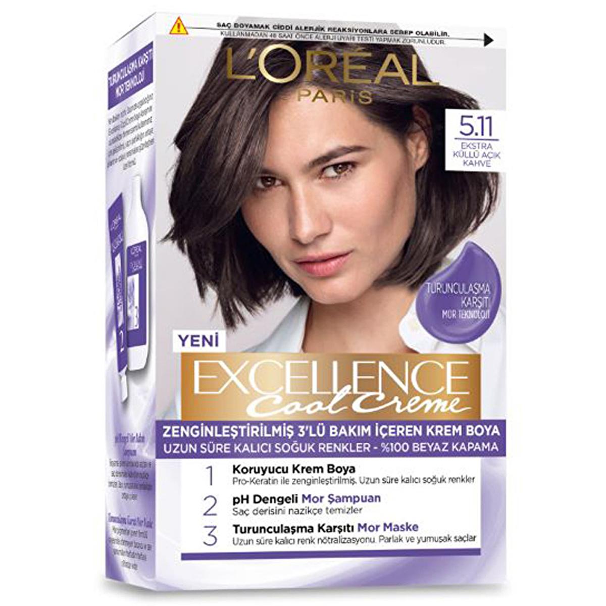 loreal paris excellence cool creme hair color 5.11 extra ash light brown, before and after of loreal paris hair color application Loreal Paris Excellence Cool Creme Hair Color 5.11 - Extra Ash Light Brown for Women Loreal Paris Hair Color 5.11 Cool Ash Brown hair-color, loreal-paris, cool-ash-brown, women-hair-products, anti-orange, purple-shampoo, pro-keratin, coloring-hair, long-lasting-color, ai-generated