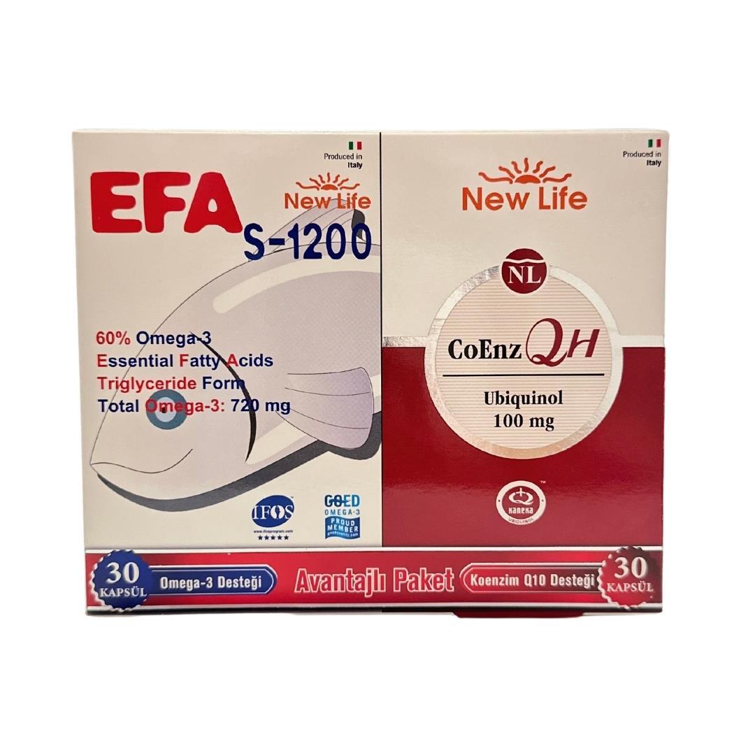 New Life CoEnz QH & EFA S-1200 Dietary Supplement Package - Ubiquinol CoQ10 and Omega-3 Fatty Acids for Heart Health Support New Life CoEnz QH & EFA S-1200: Ubiquinol CoQ10 & Omega-3 for Heart Health CoQ10 supplement, Ubiquinol, Omega-3 fatty acids, Dietary supplement package, Heart health support, Energy production, Fish gelatin capsules, IFOS certified, PUREMAX technology, Kaneka QH, Cardiovascular health, Nutritional supplements