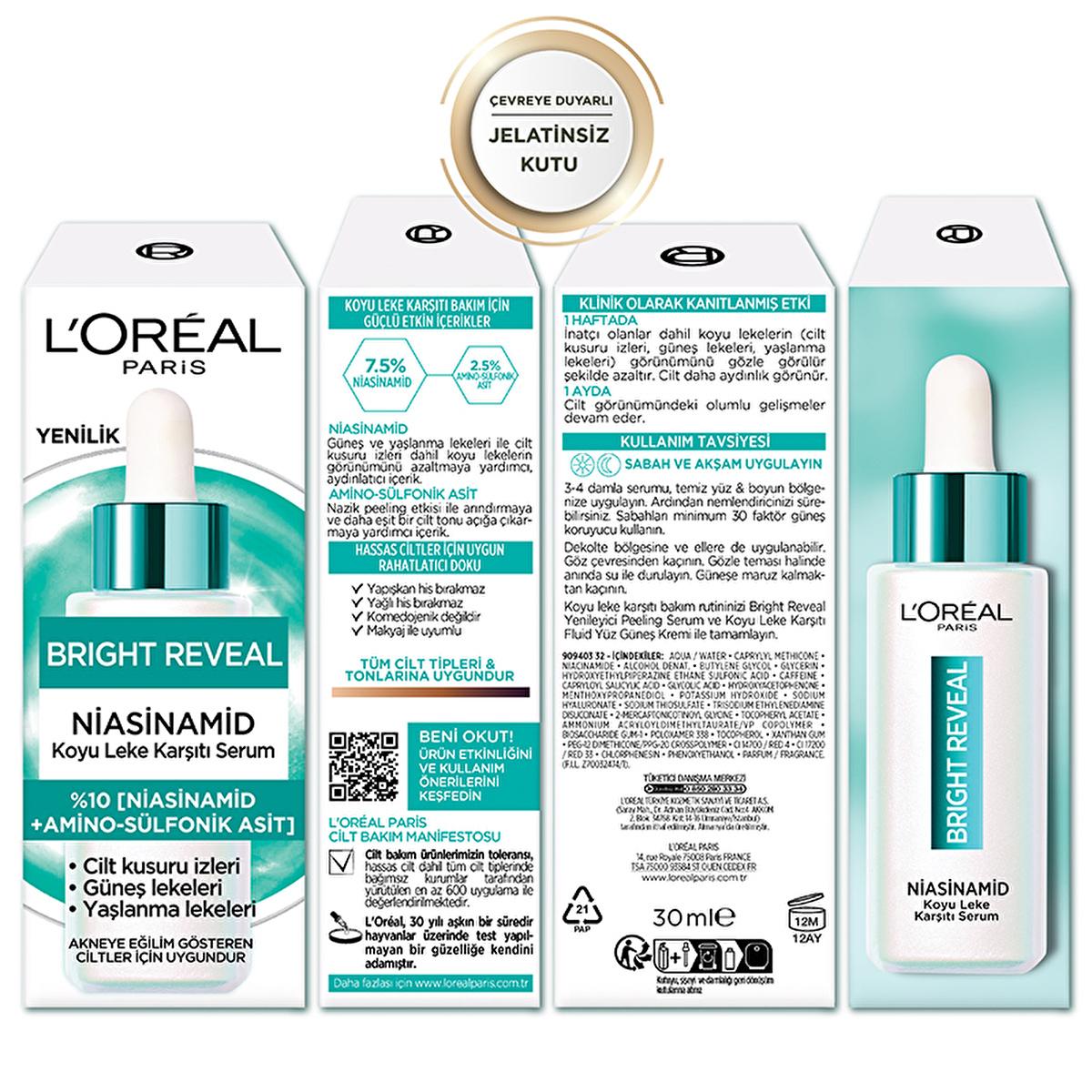 loreal paris bright reveal dark spot treatment serum 30 ml, loreal paris serum with niacinamide and amino-sulfonic acid, packaging of loreal bright reveal serum L&#39;Oreal Paris Bright Reveal Serum - Dark Spot Treatment | 30 ml L&#39;Oreal Paris Bright Reveal Serum - Dark Spot Treatment loreal-paris, dark-spot-serum, bright-reveal, niacinamide-serum, skincare, dark-spot-treatment, women-skincare, anti-aging, acne-scar-treatment, ai-generated